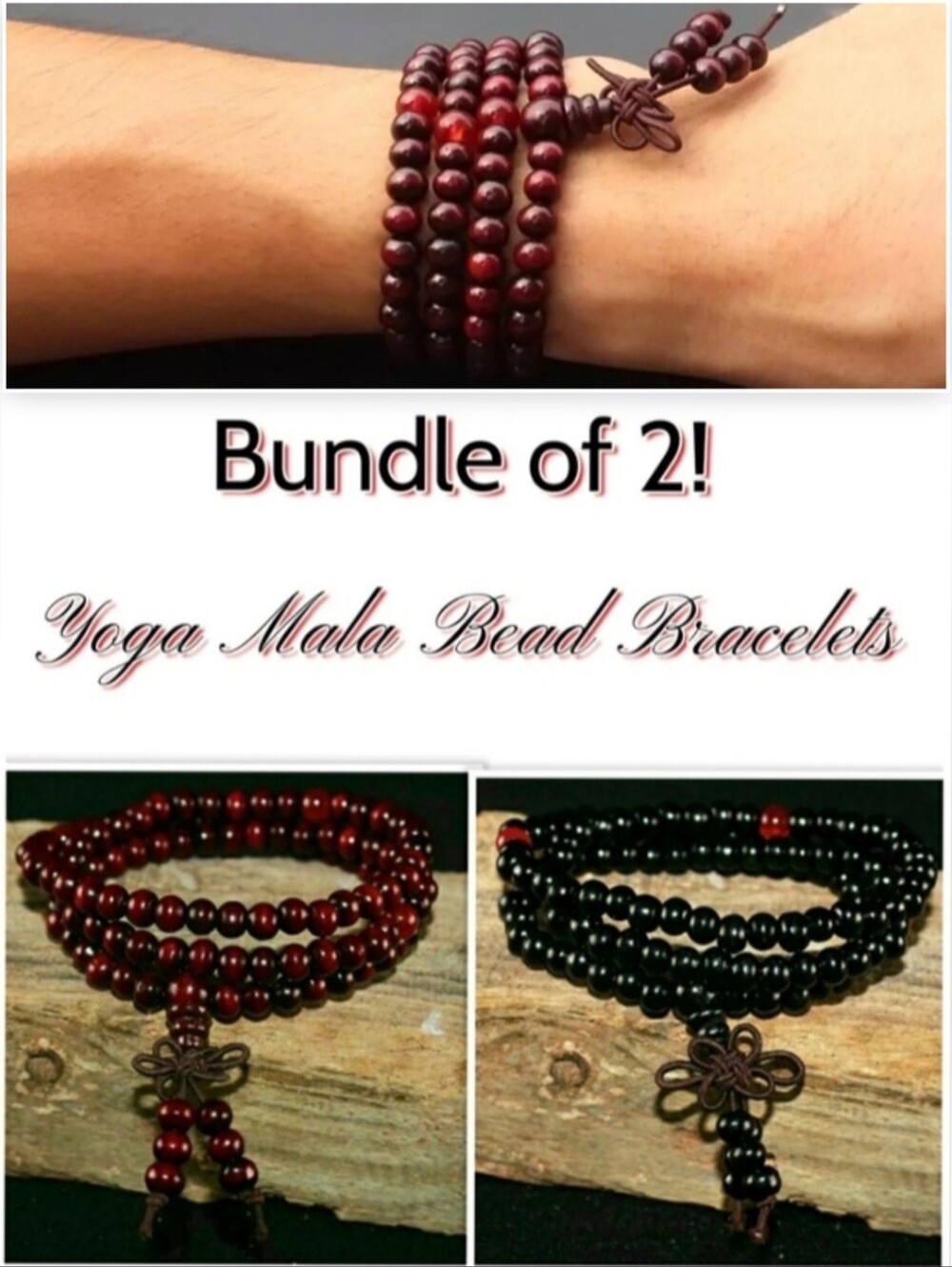 2 Meditation Sandalwood Mala Bead Wood Layering Layered Tiered Wrap Bracelet